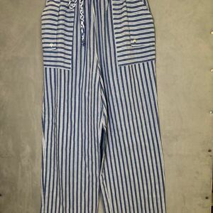 Blue White Striped Wide Leg Pants Medium Coastal Boho Drawstring